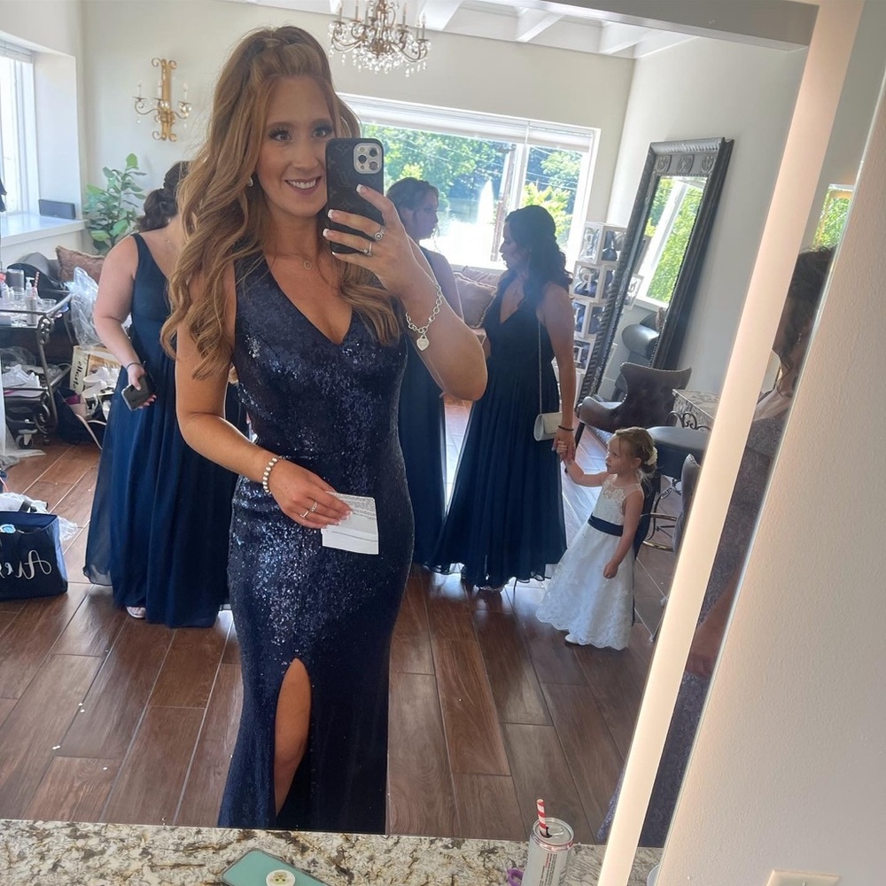 REVERLY DARK BLUE SEQUIN LONG DRESS W/BACK CUTOUTS